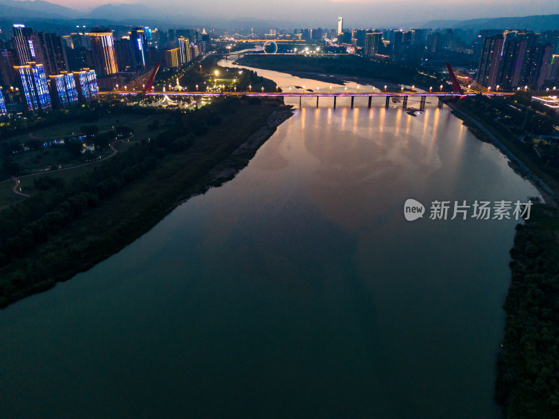 宝鸡城市夜幕降临夜景航拍图