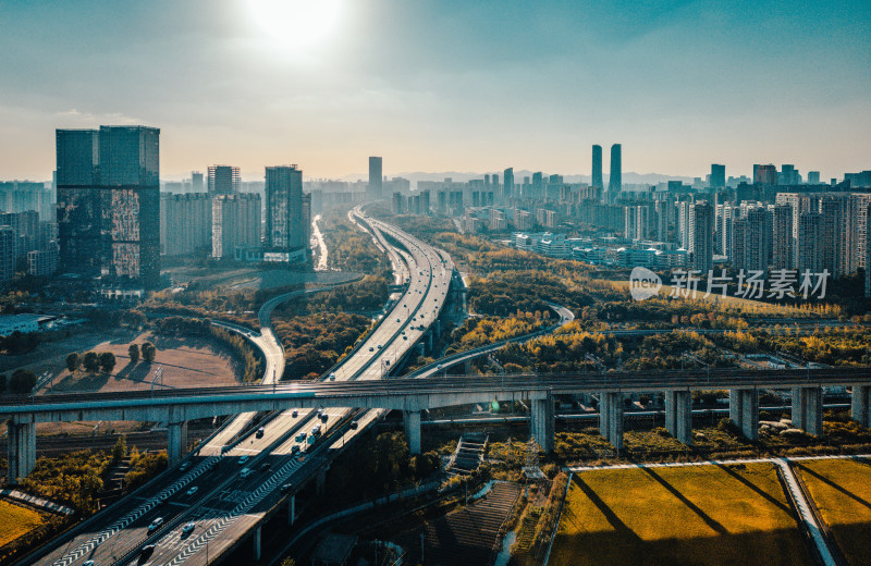 航拍城市与高铁铁路风光