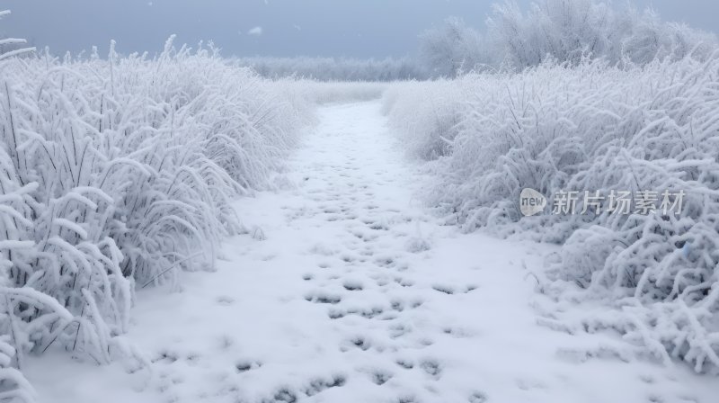 大雪过后被积雪覆盖的山林与小路