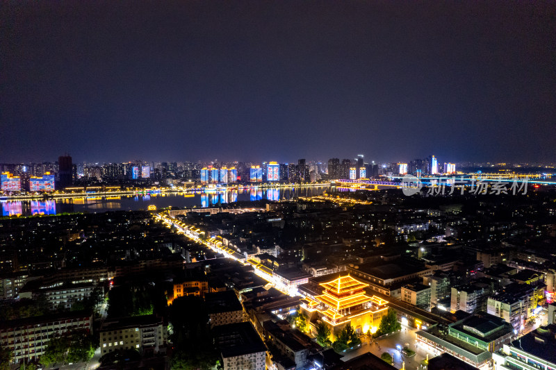 湖北襄阳城市夜景古城现代建筑航拍