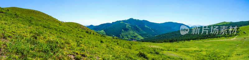 夏季蓝天白云绿色高山草甸群山大气风光