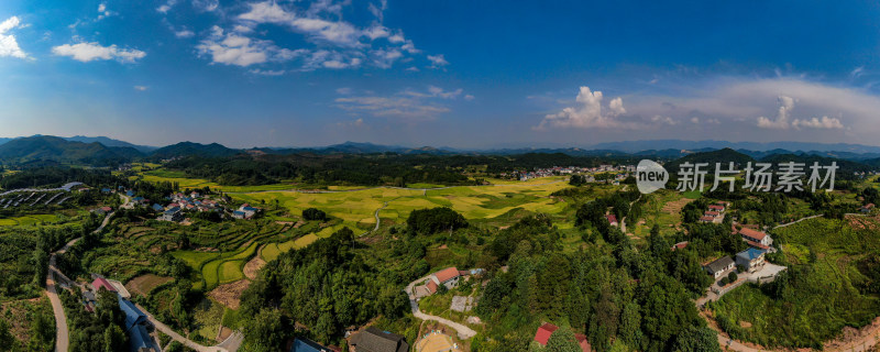 山川丘陵金黄稻田美丽乡村全景图航拍