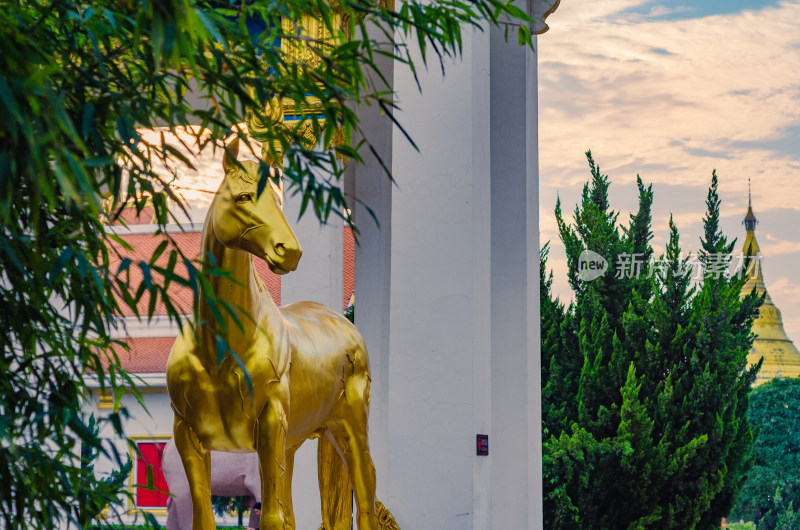 中国洛阳市白马寺，泰国佛殿苑的金马塑像