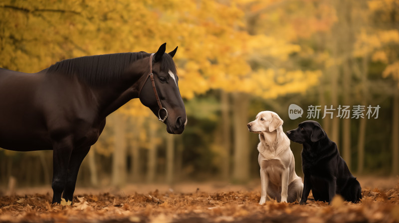 一匹黑色的骏马和两只拉布拉多犬