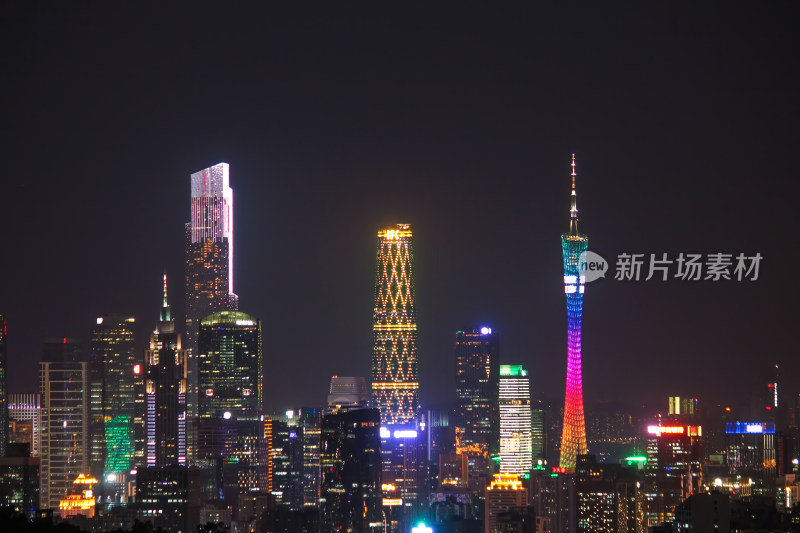 广州夜景下的多彩城市高楼建筑