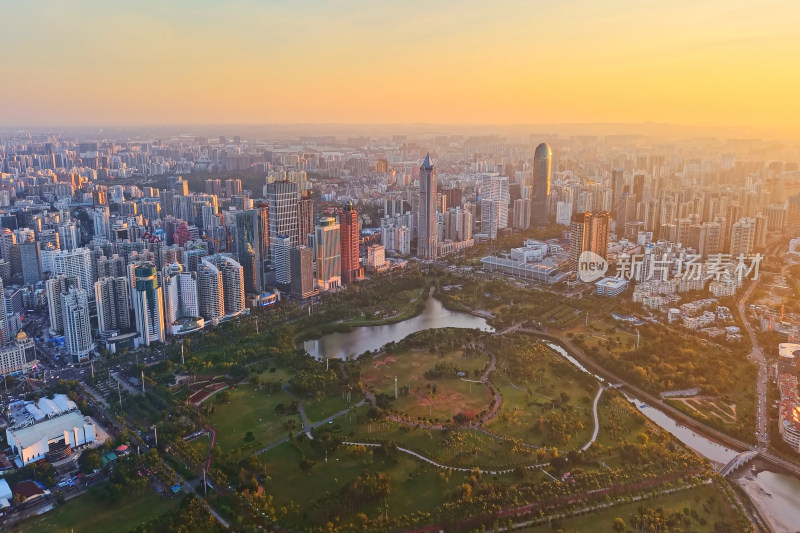 海南海口城市风光日落自贸港经济建设航拍