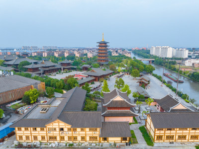 航拍上海宝山寺佛教寺院自然风光