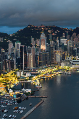 香港维多利亚港CBD中环夜景高空航拍