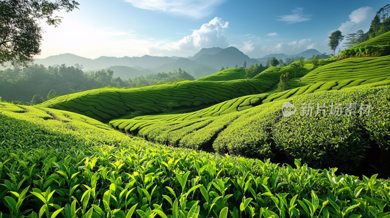 春季茶山茶园里的新鲜绿色茶叶茶园风光