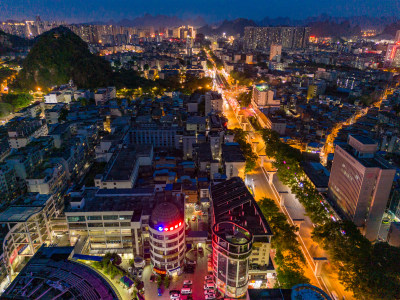 柳州夜幕降临晚霞夜景航拍图