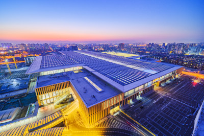 北京丰台站火车站全景日落夜景