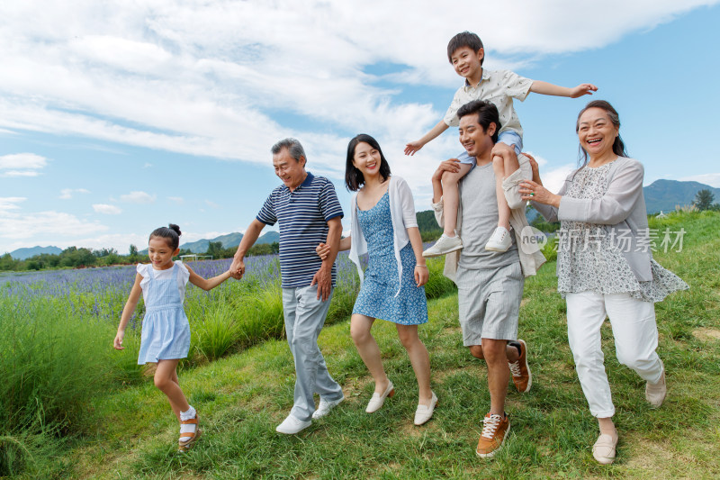 在草地上散步的幸福家庭