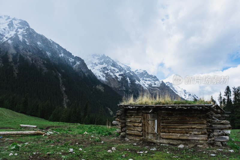 新疆夏塔雪山下森林里的小木屋