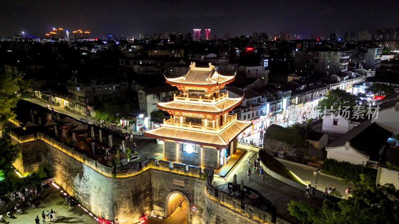 广东潮州古城下水门城楼夜景灯光航拍