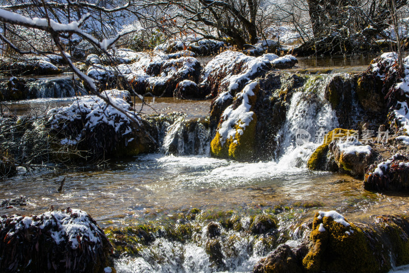 冬日雪景溪流山间瀑布冰雪消融