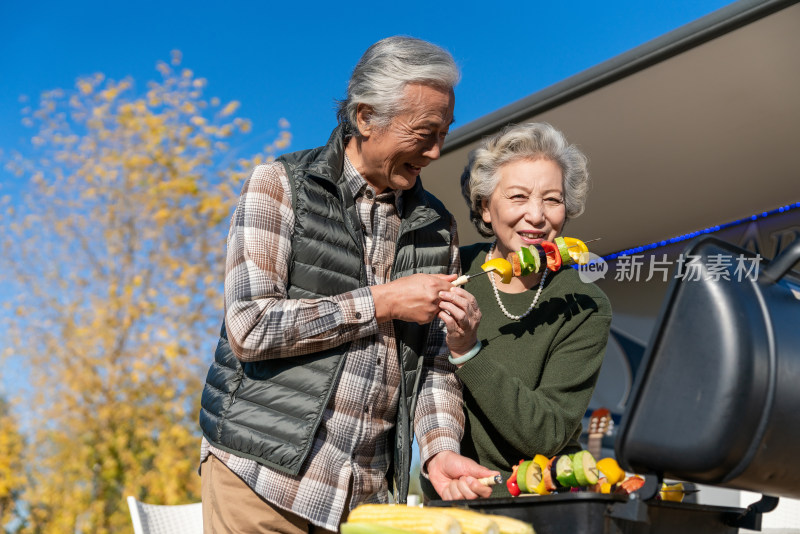 老年夫妻秋游野餐烧烤