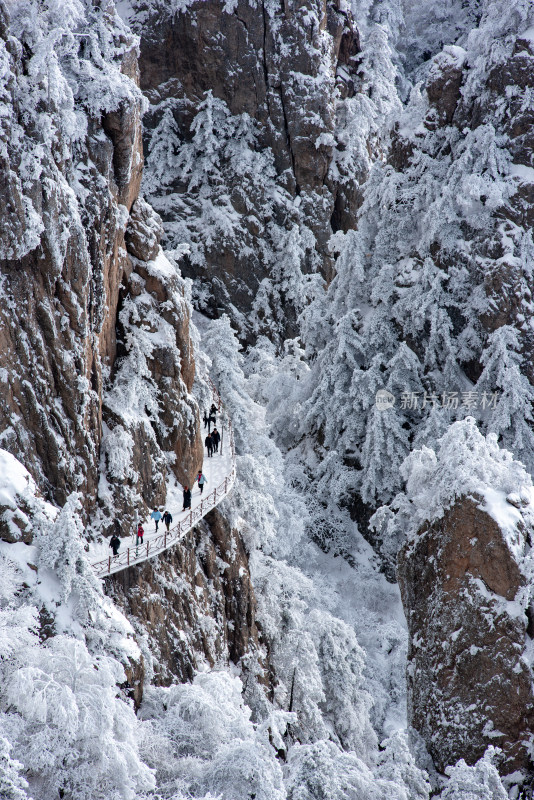 洛阳老君山雪后美景栈道上游客休闲拍照