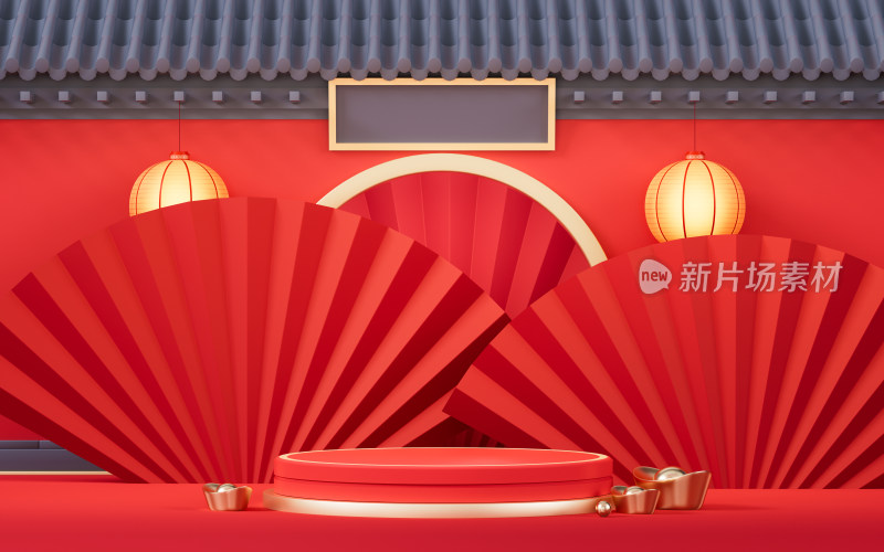 中国风古风建筑与展示台3D渲染