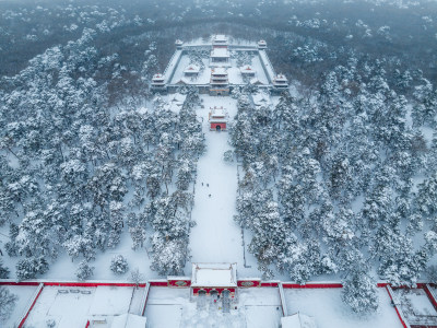 辽宁沈阳北陵公园清昭陵大雪中古建筑航拍