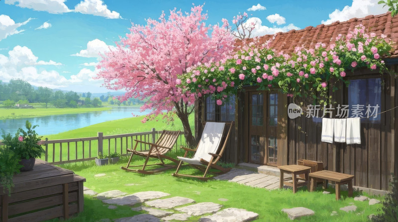 春季清明樱花湖边小屋自然度假旅游背景