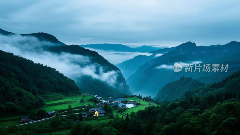 山间云雾缭绕的村庄风景