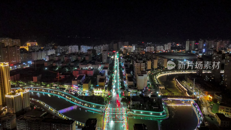 甘肃定西城市夜景灯光航拍图