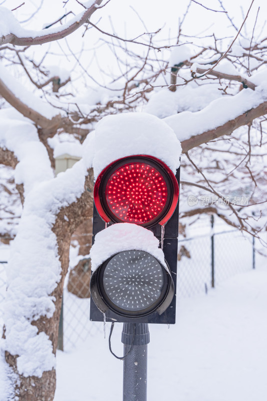 红绿灯上的积雪冬季交通