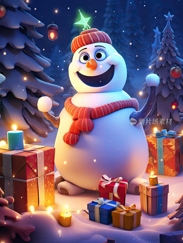 欢快的雪人站在满是礼物的圣诞树边上