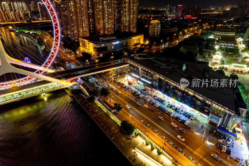 天津之眼周边夜景交通航拍图