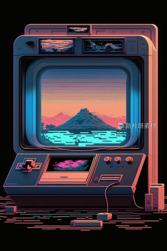 复古游戏机与像素风景画面