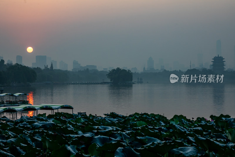 济南大明湖风景区雾色日出景点景观城市风光