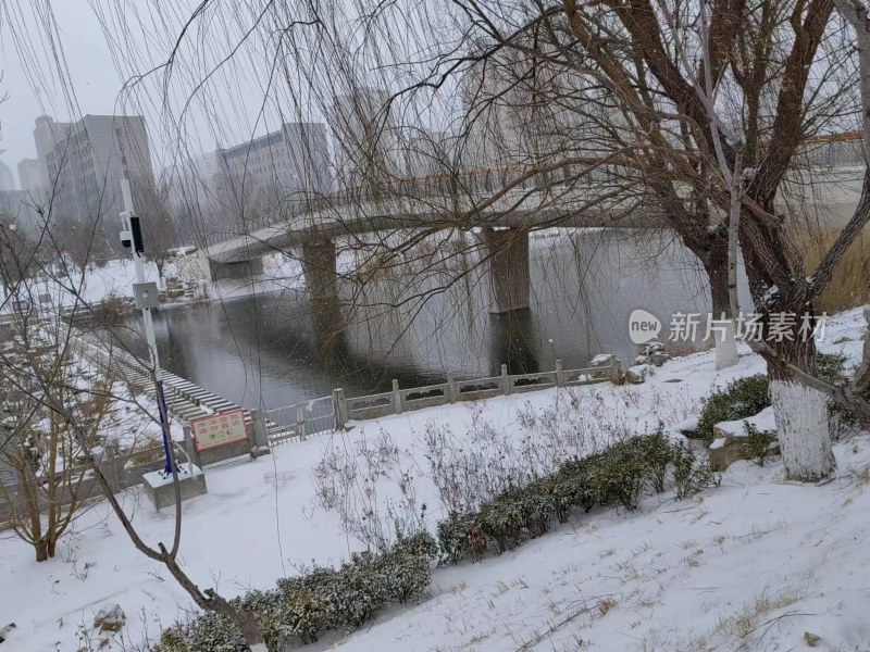 雪中的公园景致及桥梁