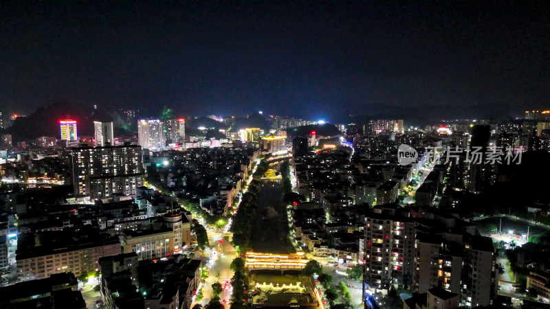 广东云浮南山河两岸夜景灯光航拍