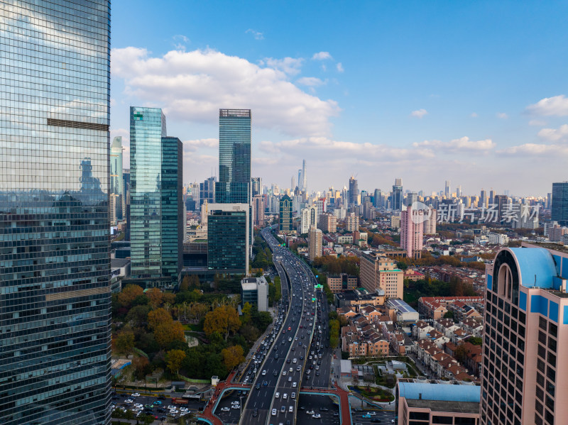 航拍上海陆家嘴浦西南京西路高楼建筑