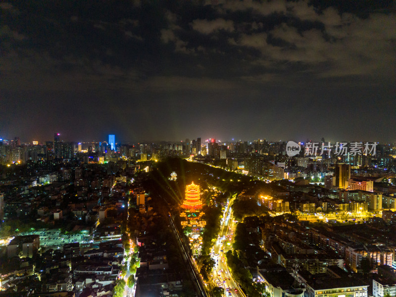 武汉黄鹤楼城市夜景灯光航拍图