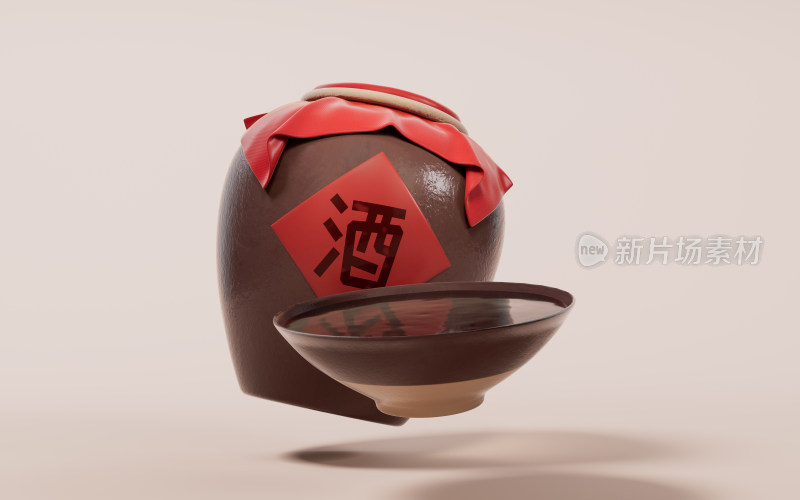 中国风古风酒坛子3D渲染