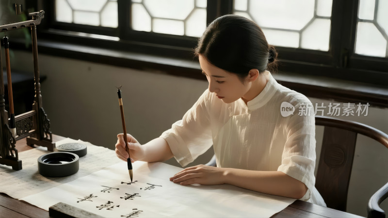 女子练习书法传承中华传统文化艺术背景