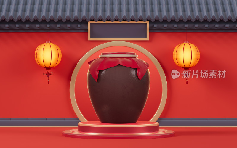 酒坛子与中国风古风场景3D渲染