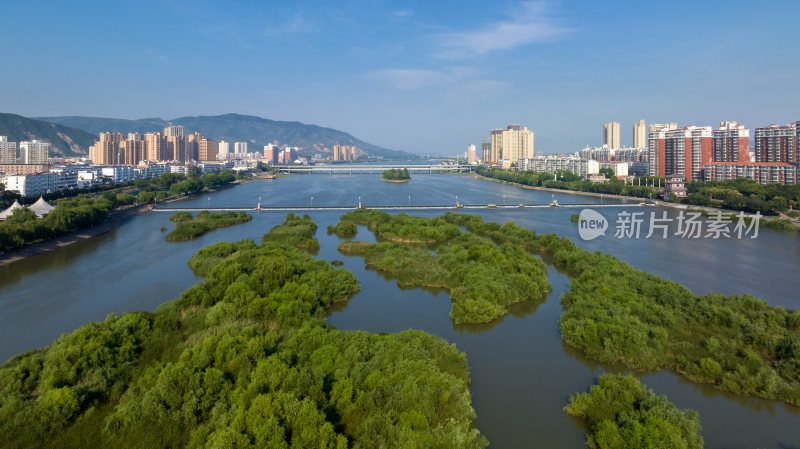 河南省宜阳县洛河两岸城市楼房天际线航拍