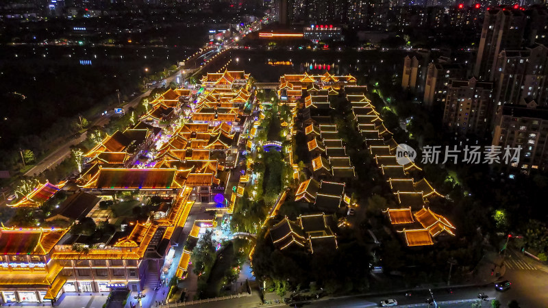 四川眉山东坡水街夜景灯光航拍图