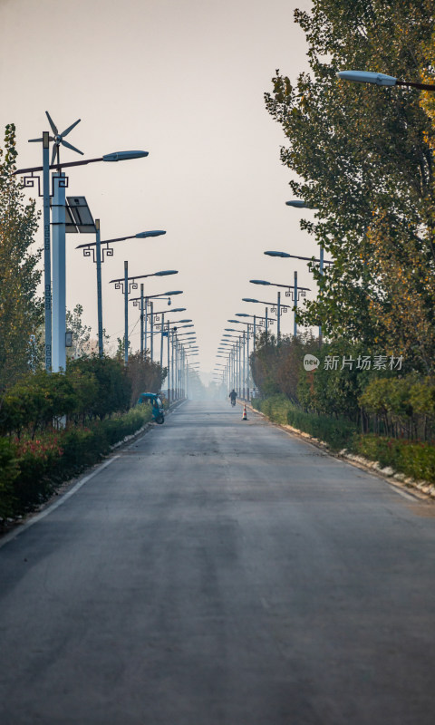 道路上整齐排列的中式路灯