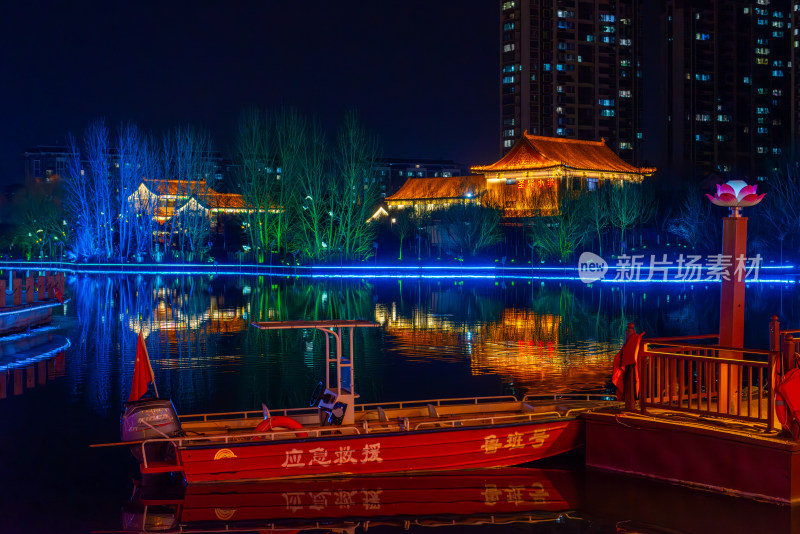 曲阜蓼河古街古建街区夜景航拍