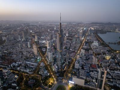 江苏南京CBD紫峰大厦建筑群日落夜景航拍