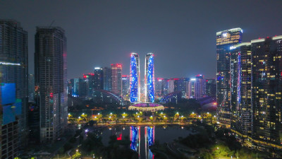 航拍成都天府新城成都双子塔夜景摄影图