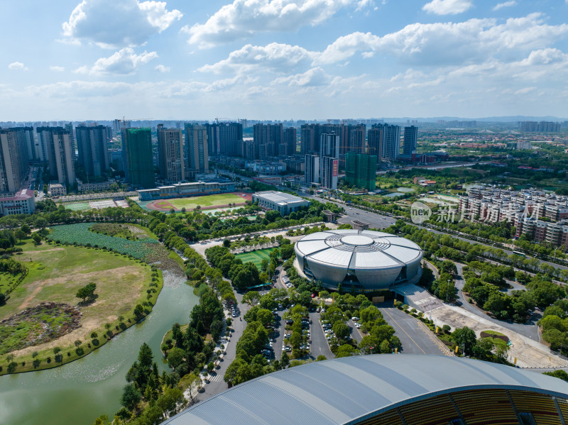 晴天航拍衡阳市体育中心、现代建筑钢架结构