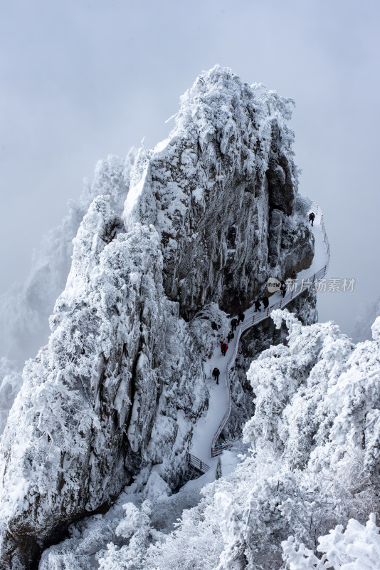 洛阳老君山雪后美景栈道上游客休闲拍照