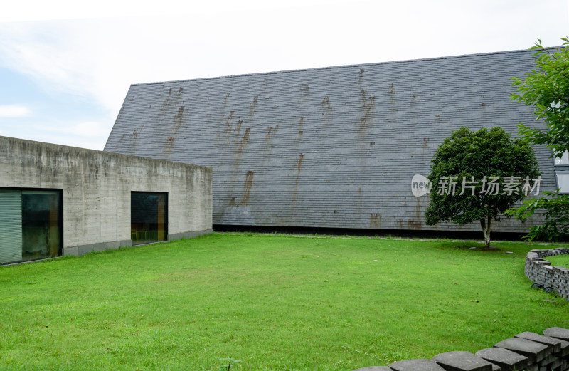 带绿植草地的灰色混凝土建筑外观