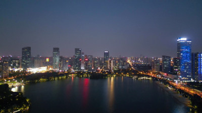 航拍安徽合肥天鹅湖夜景合肥CBD夜景