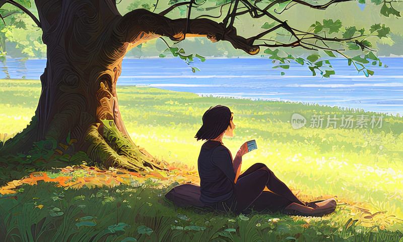 女孩树下草地看书场景