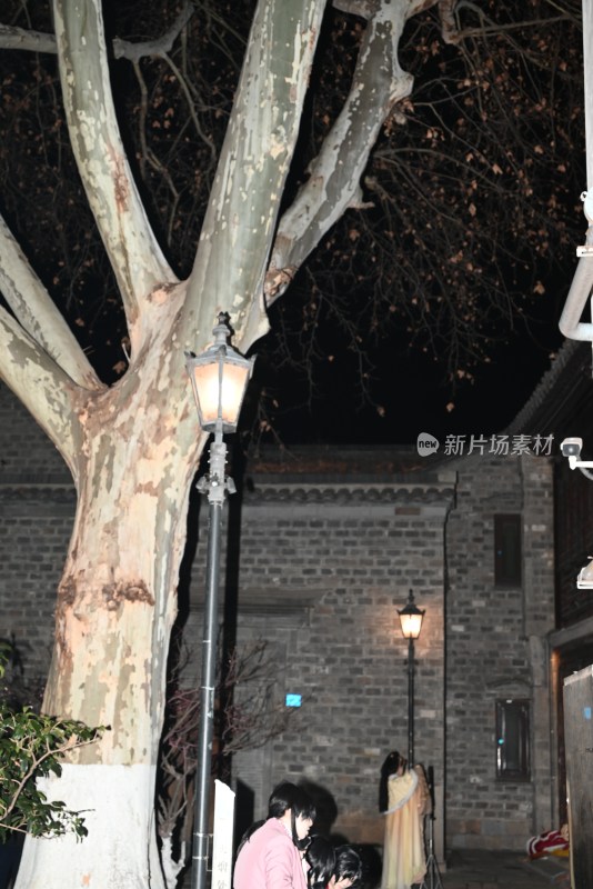 夜晚古街大树下的休闲场景